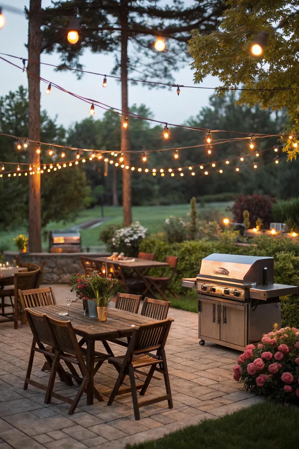 Ambient lighting transforms your grilling porch into a magical evening retreat.