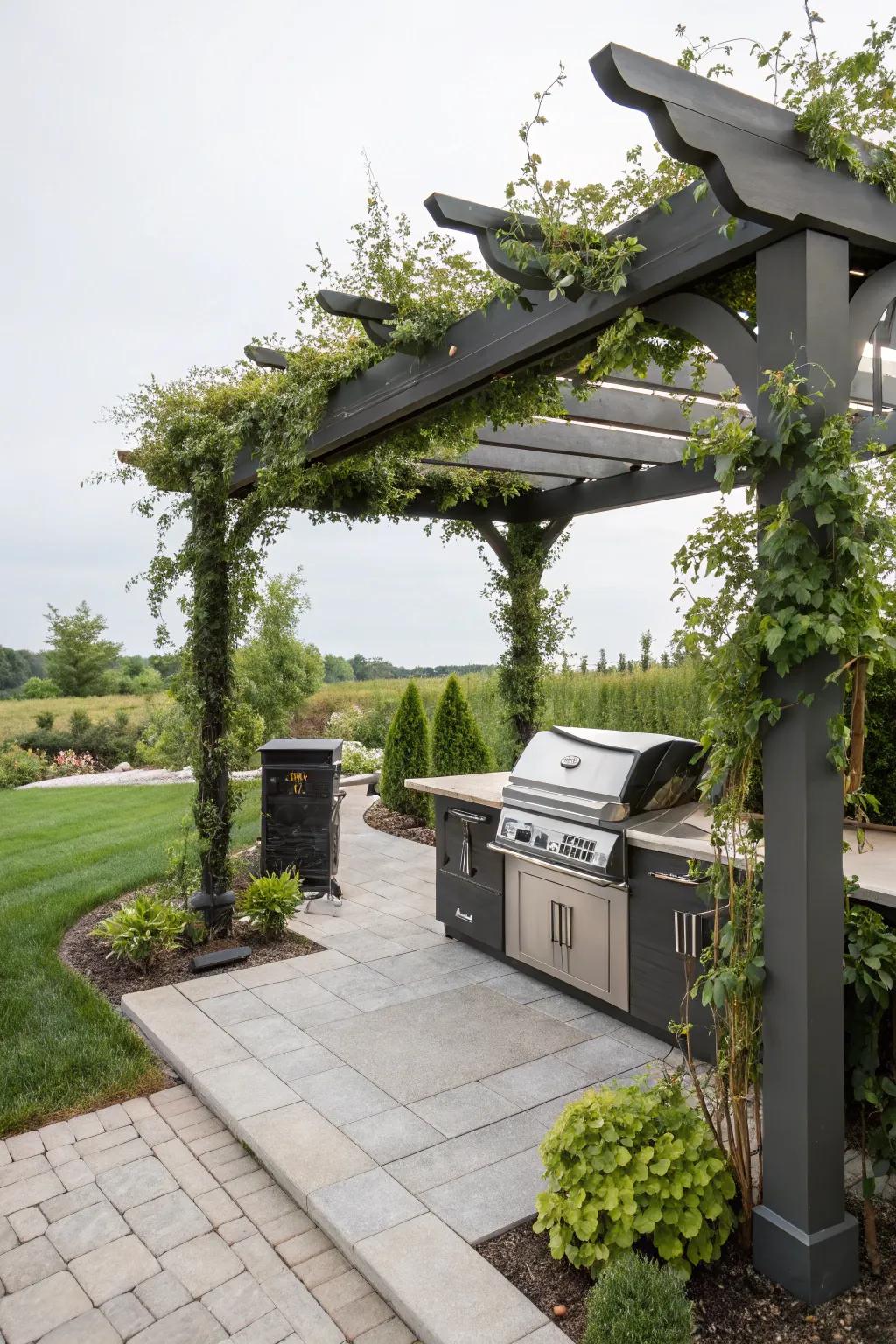 A pergola provides both style and shade for the perfect grilling setup.