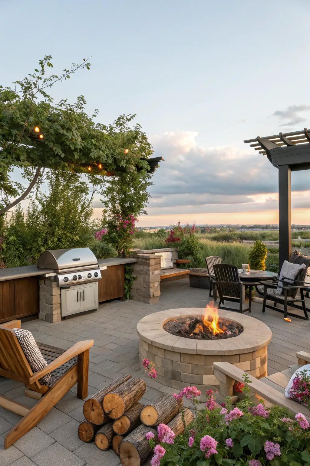 A fire pit adds warmth and charm to your grilling setup.