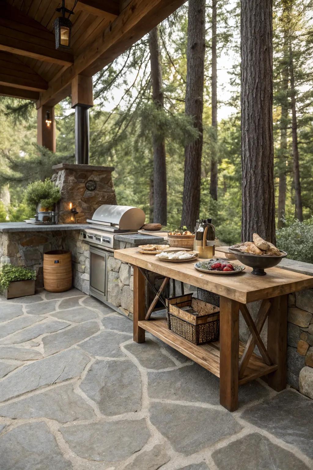 Natural stone flooring adds elegance and durability to your grilling porch.