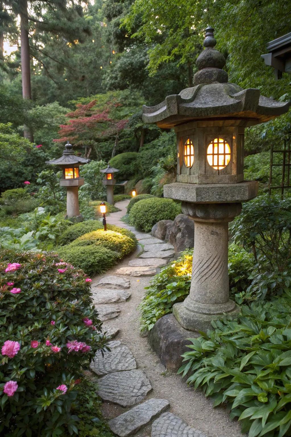 Stone lanterns illuminate the path to tranquility.