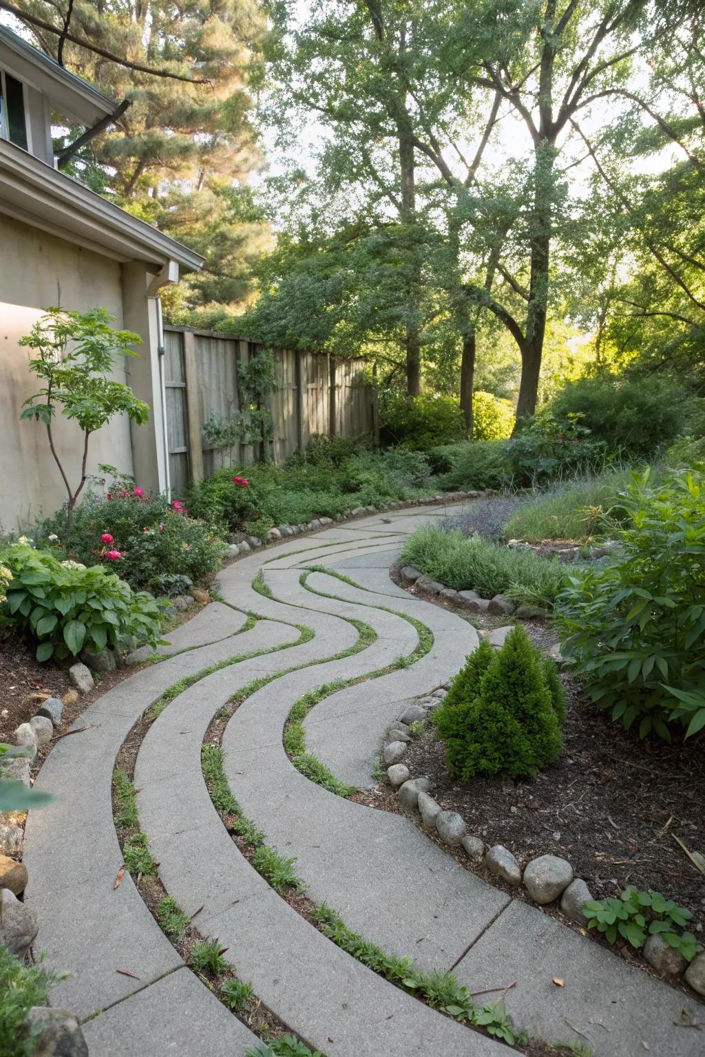 A concrete pathway maze adds playful intrigue.