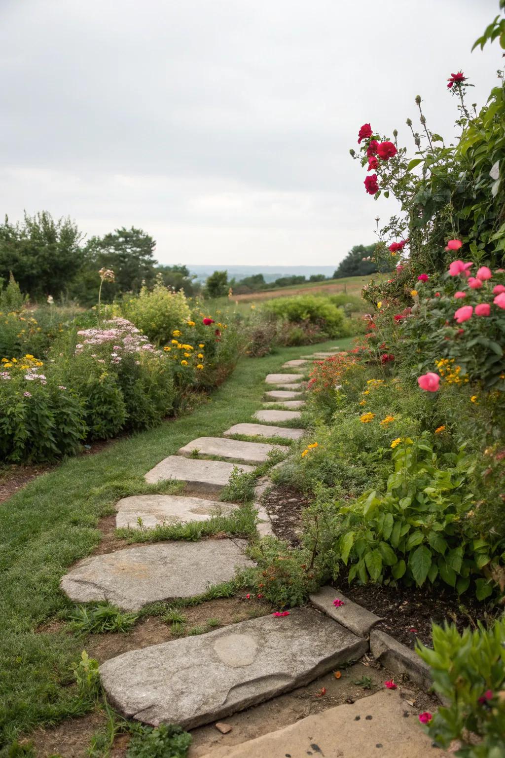 Concrete stepping stones create a charming path through lush greenery.