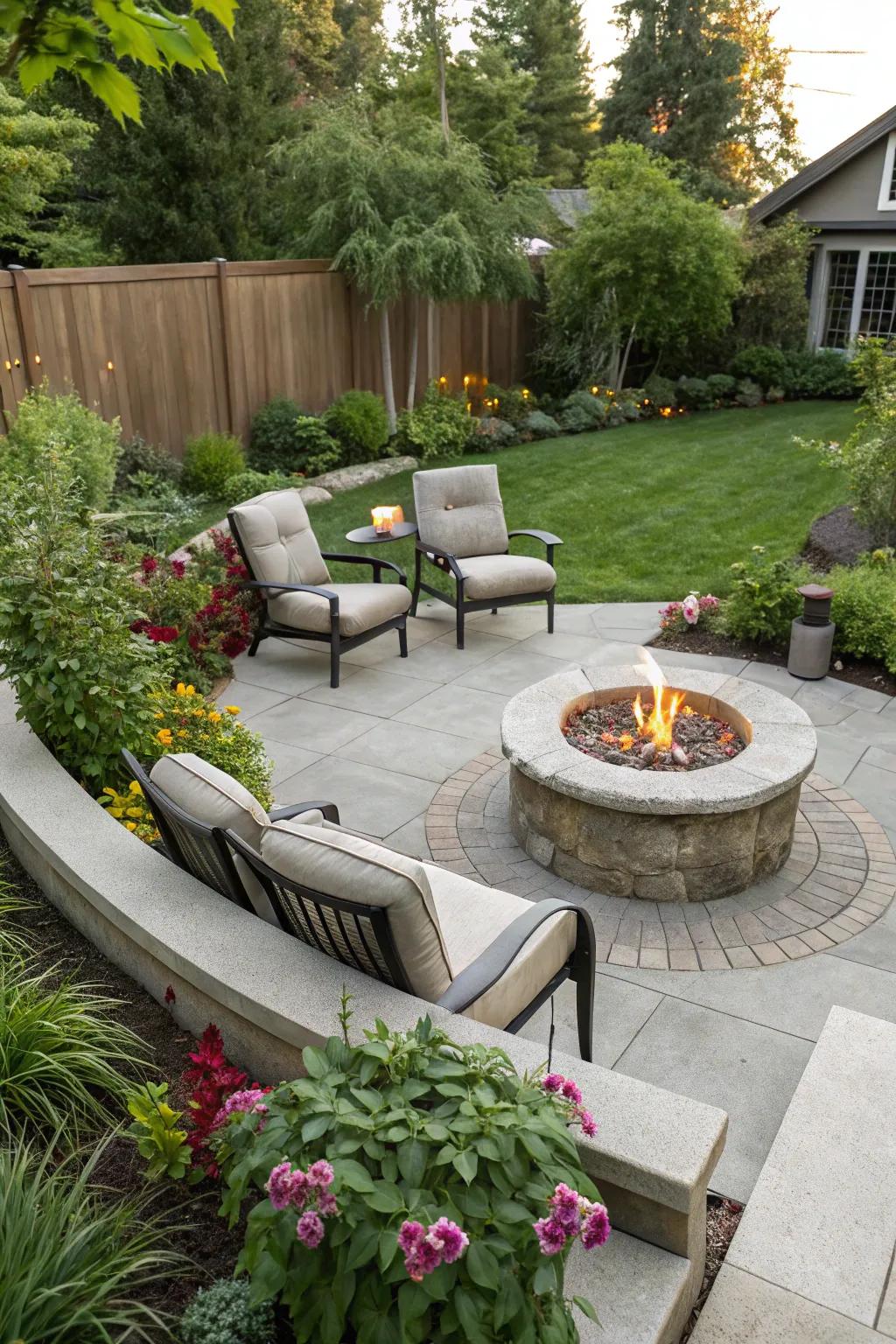 Concrete fire pits create warm, inviting gathering spaces.