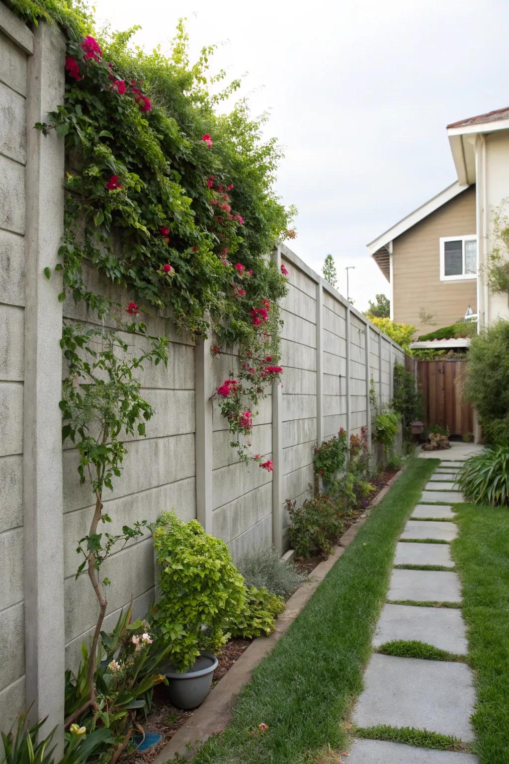 Concrete walls offer privacy and a canvas for greenery.
