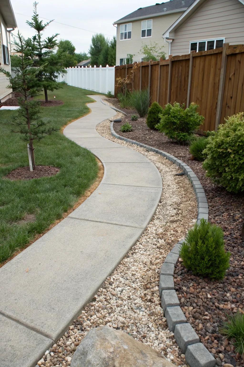 Decorative gravel adds texture and contrast to concrete paths.