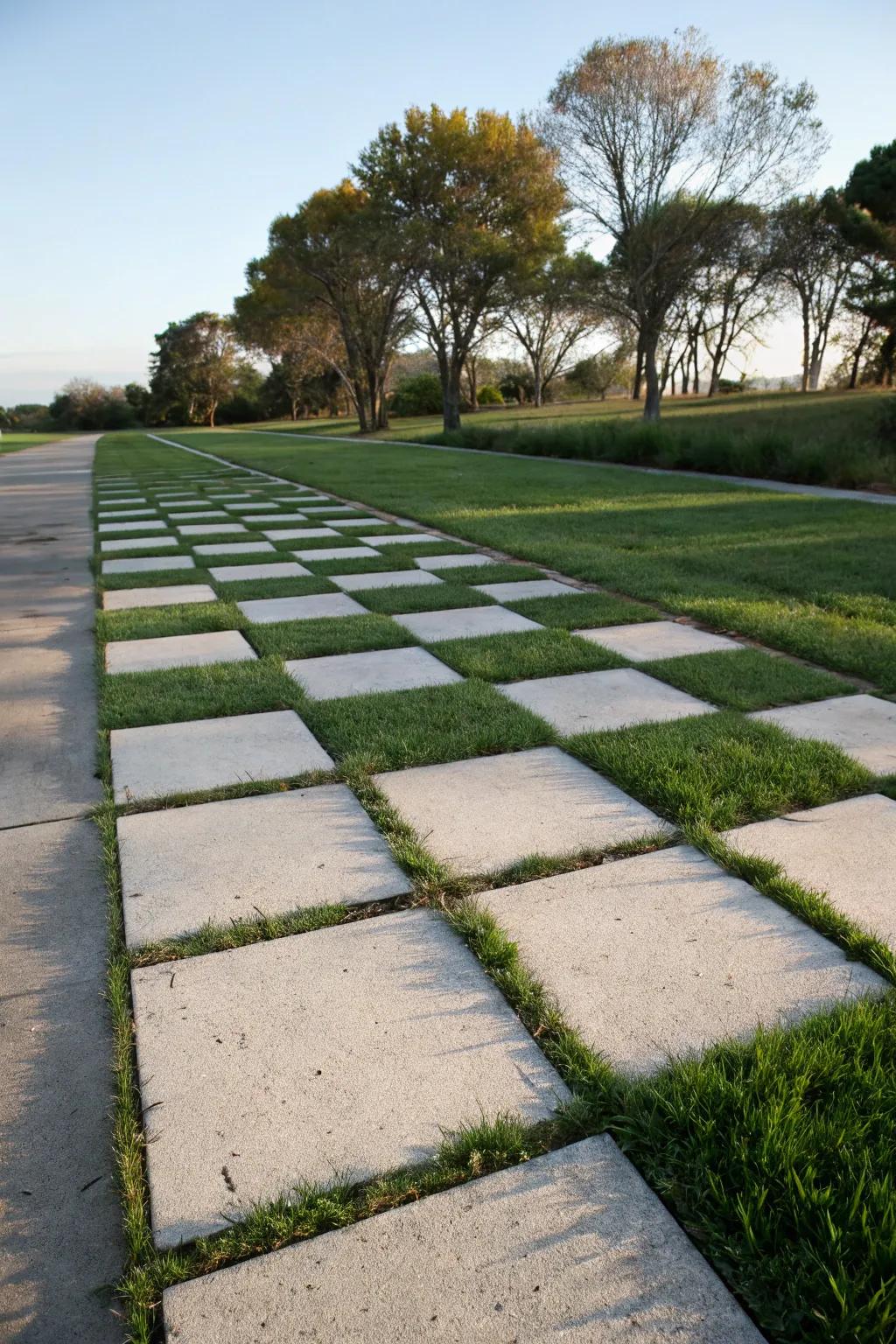 A playful checkerboard driveway pattern.