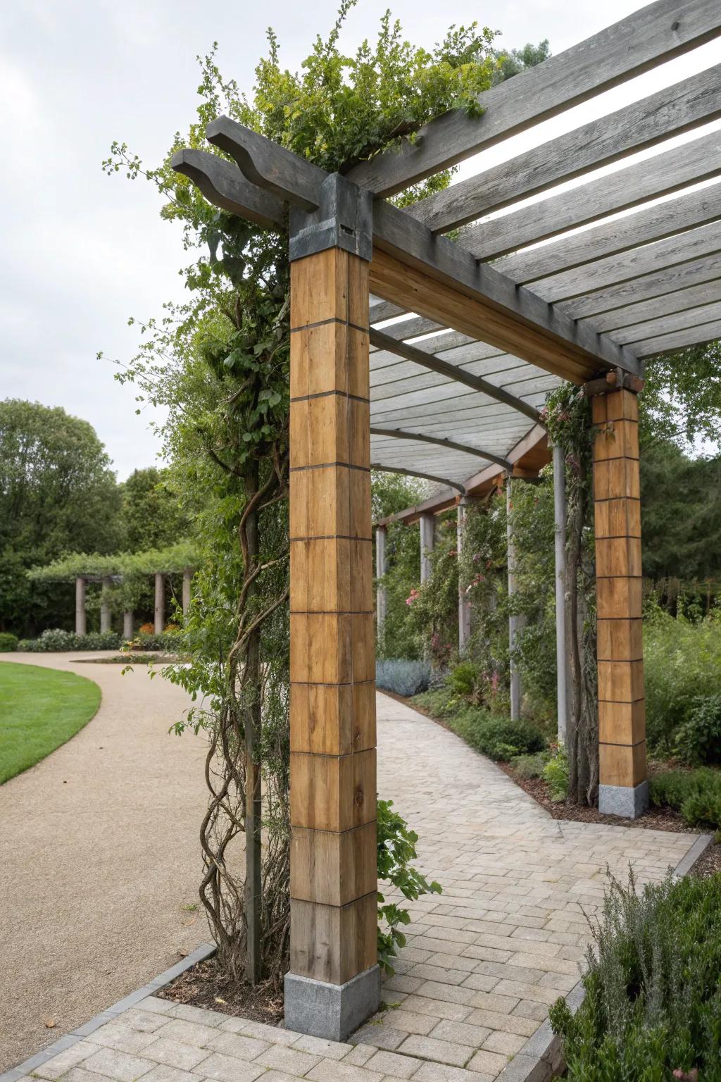 A unique pergola design using a mix of materials for visual interest.