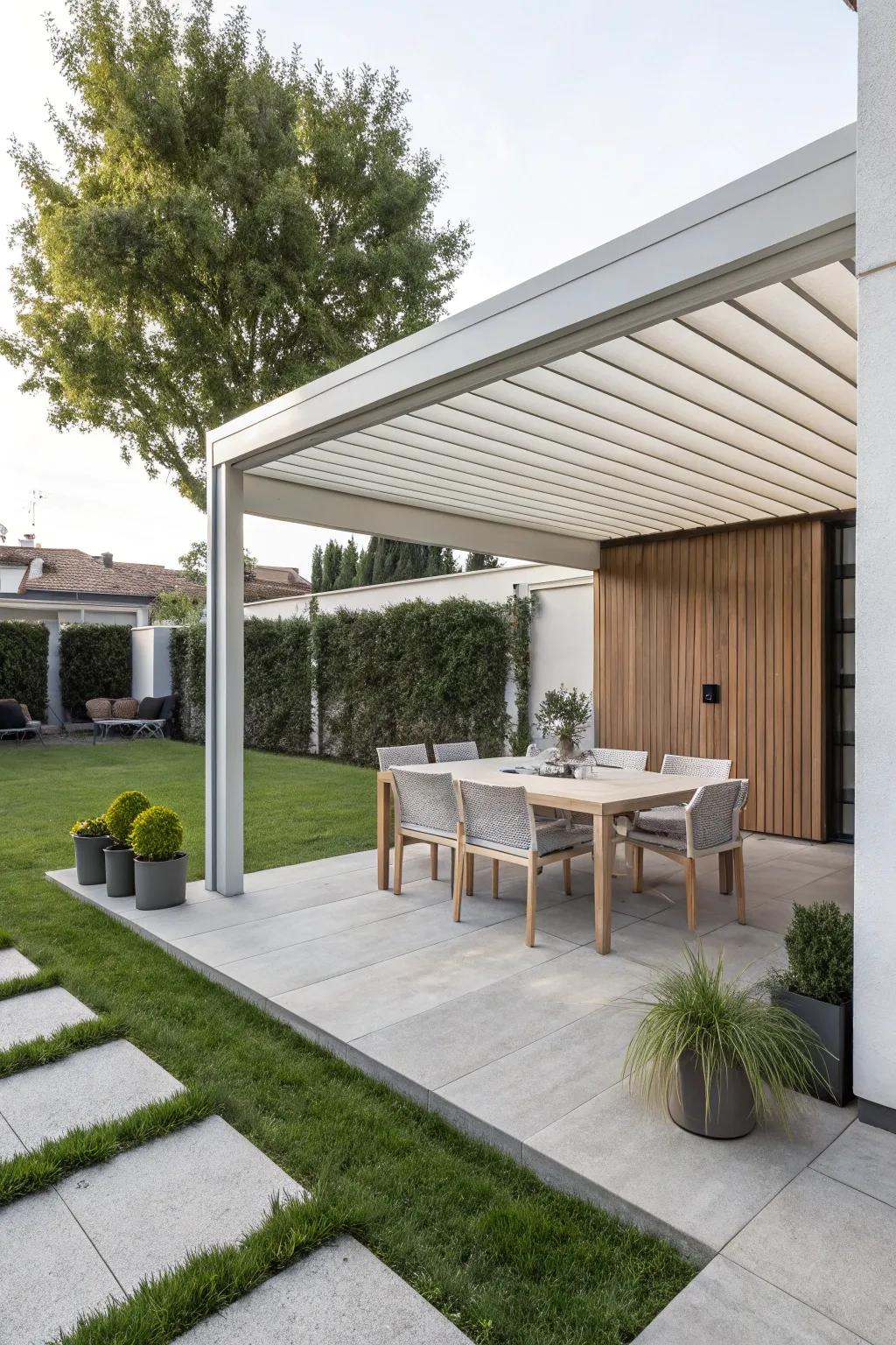 A sleek modern pergola that enhances any contemporary backyard.