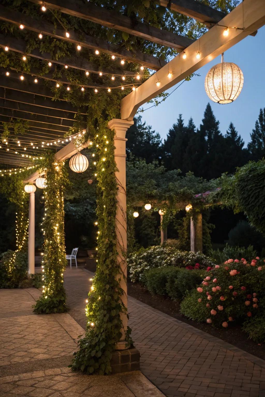 Magical evening ambiance with charming pergola lighting.