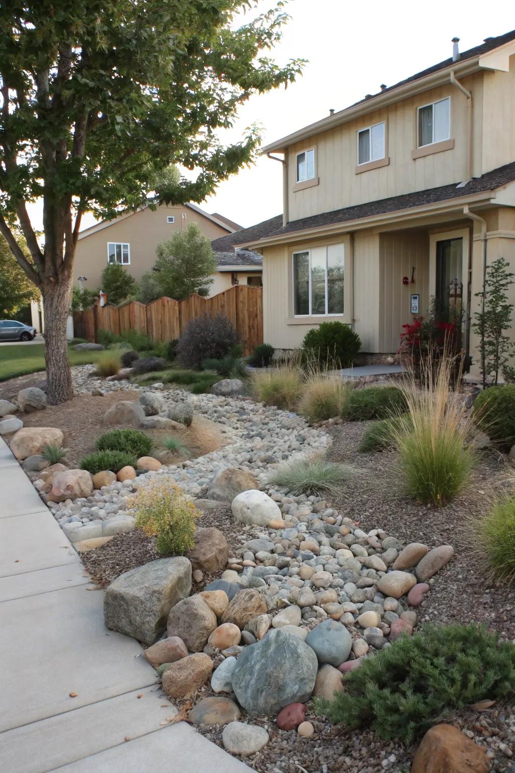 A rock garden adds texture and is easy to maintain.