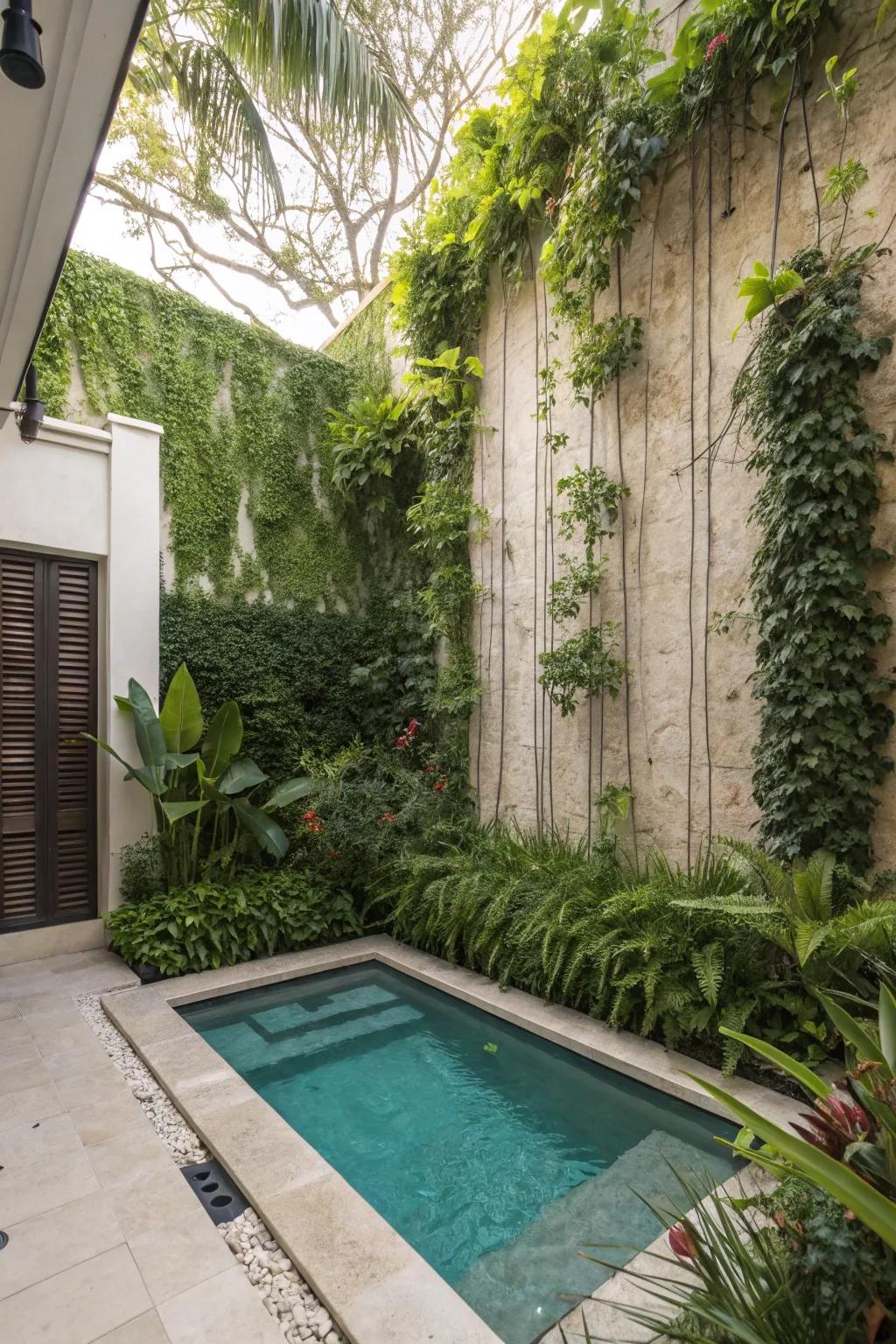 A small pool framed by a vibrant vertical garden.