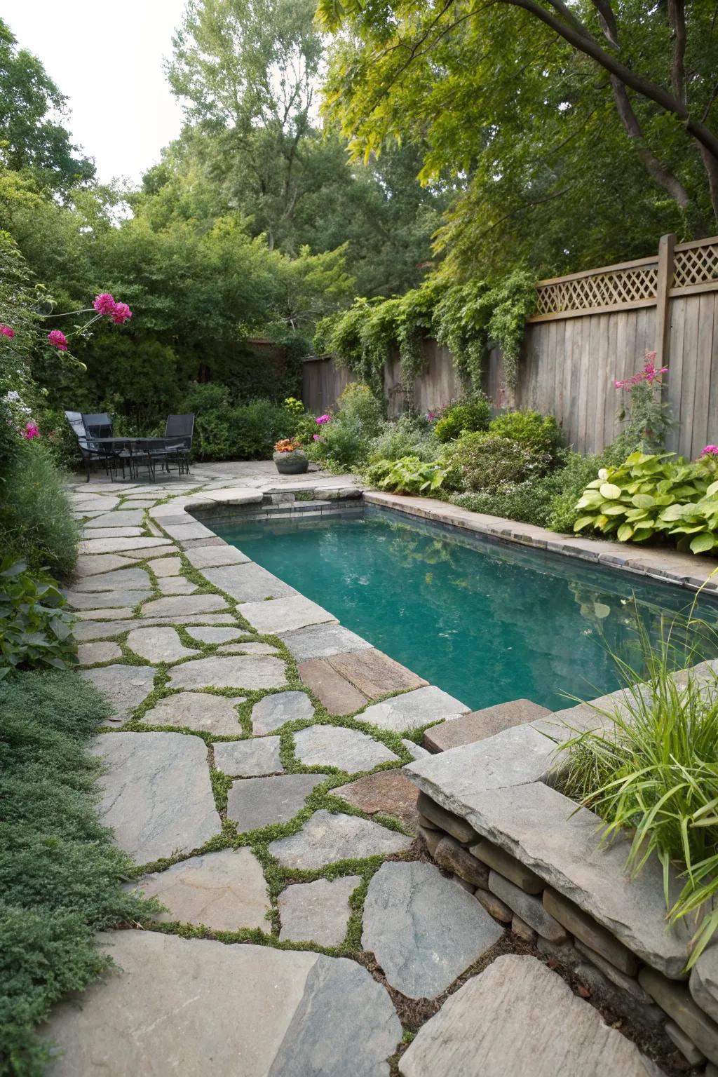A small pool with a natural stone surround, offering a rustic charm.