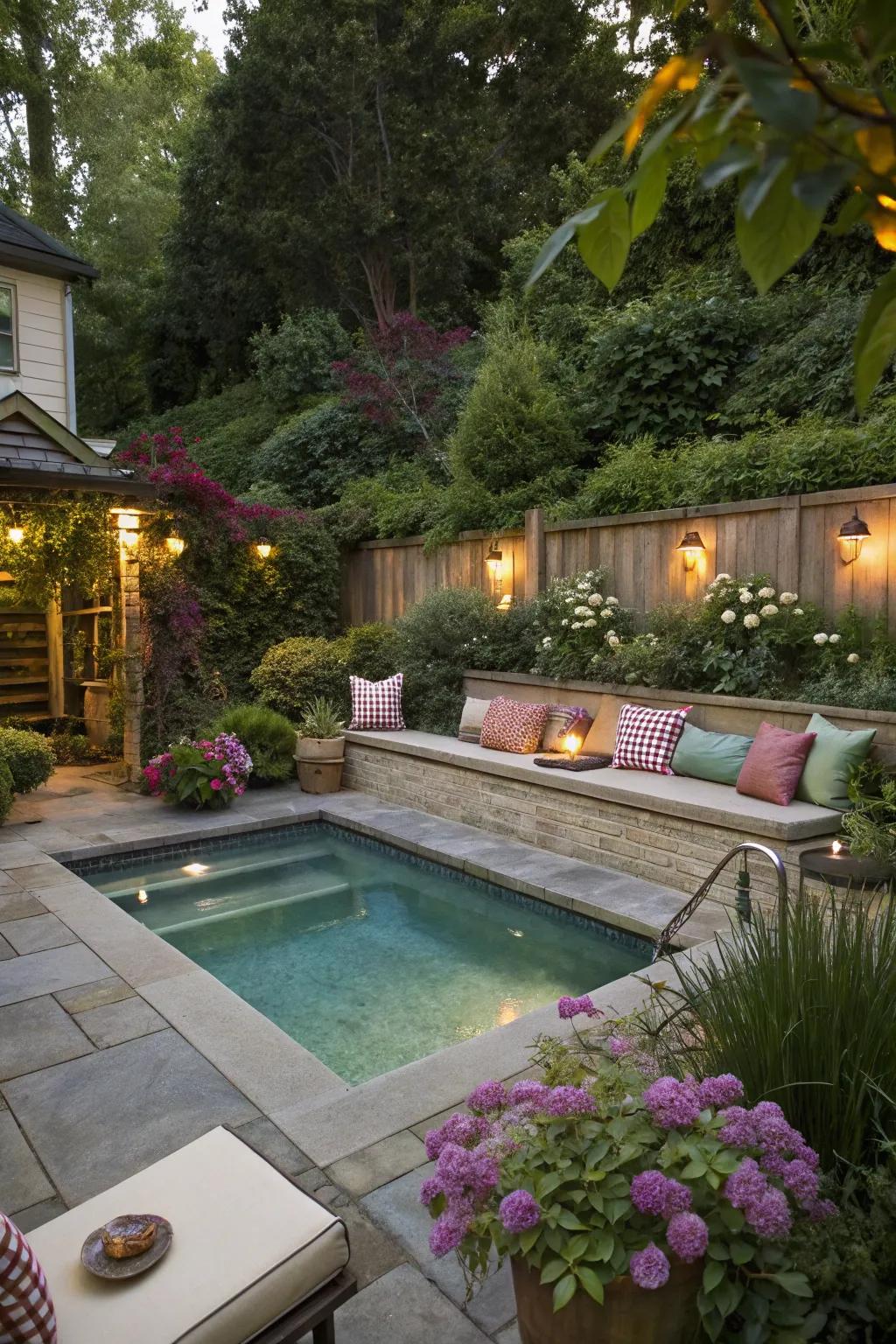 A small pool with integrated seating, perfect for relaxation.