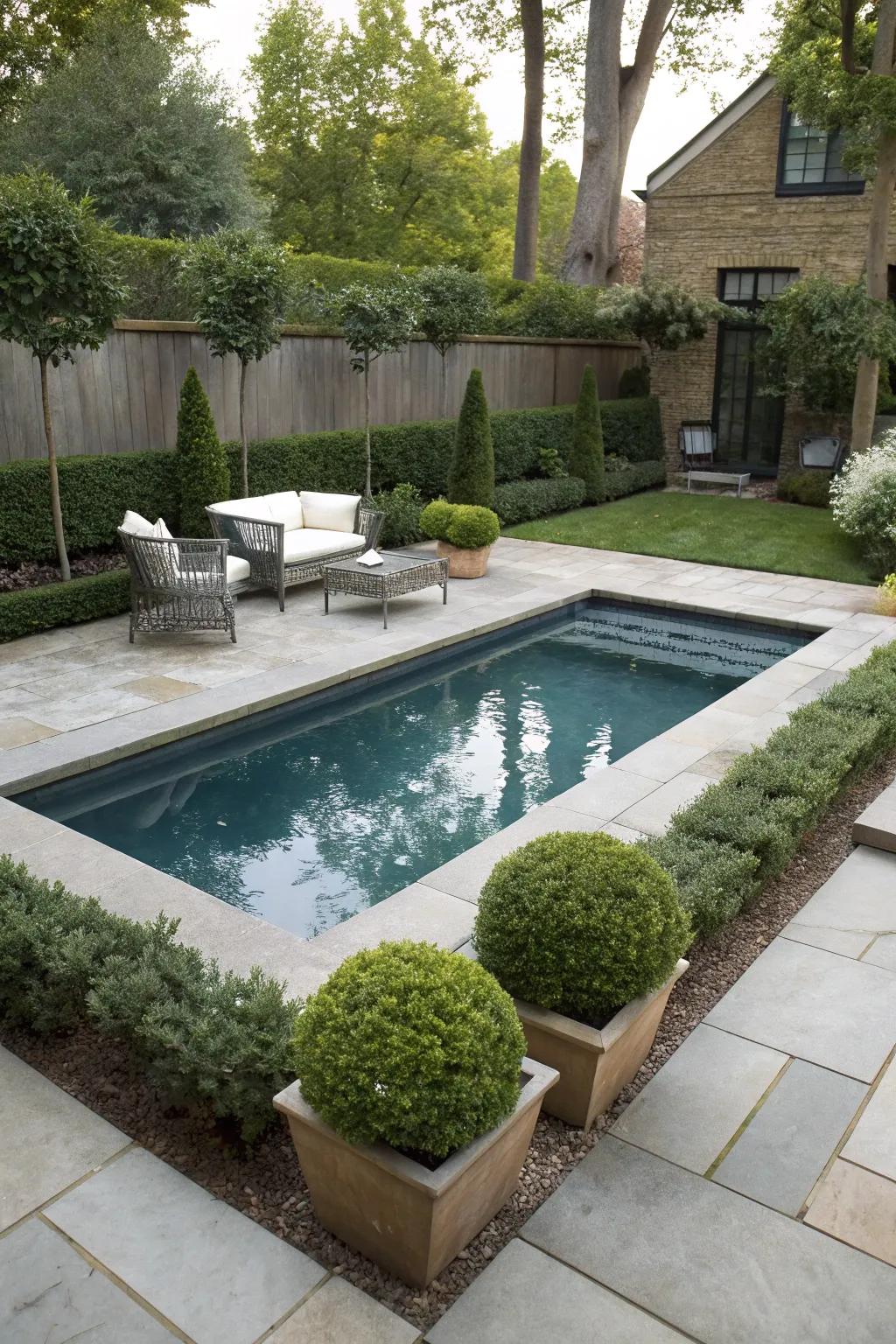 A small raised pool adding character to a flat backyard.