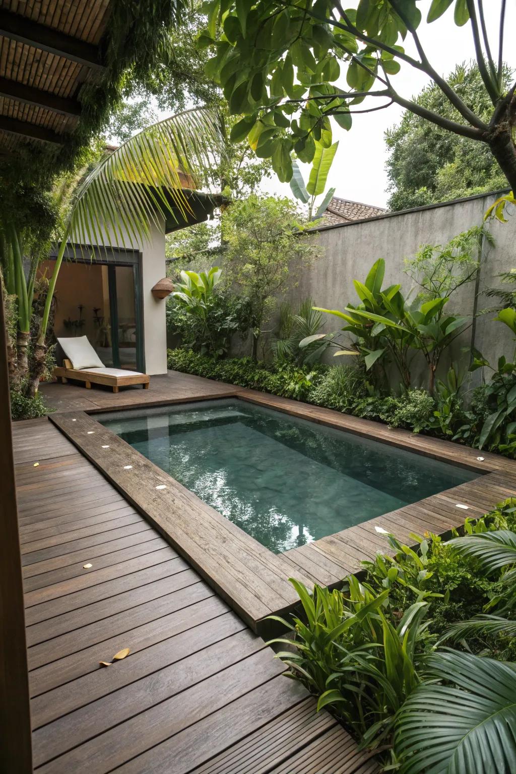 A small pool enhanced by a stylish wooden deck.