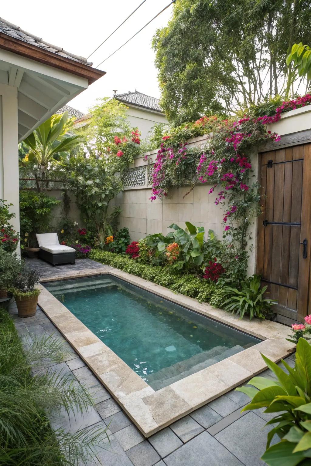 A cozy plunge pool nestled in a small, vibrant backyard.