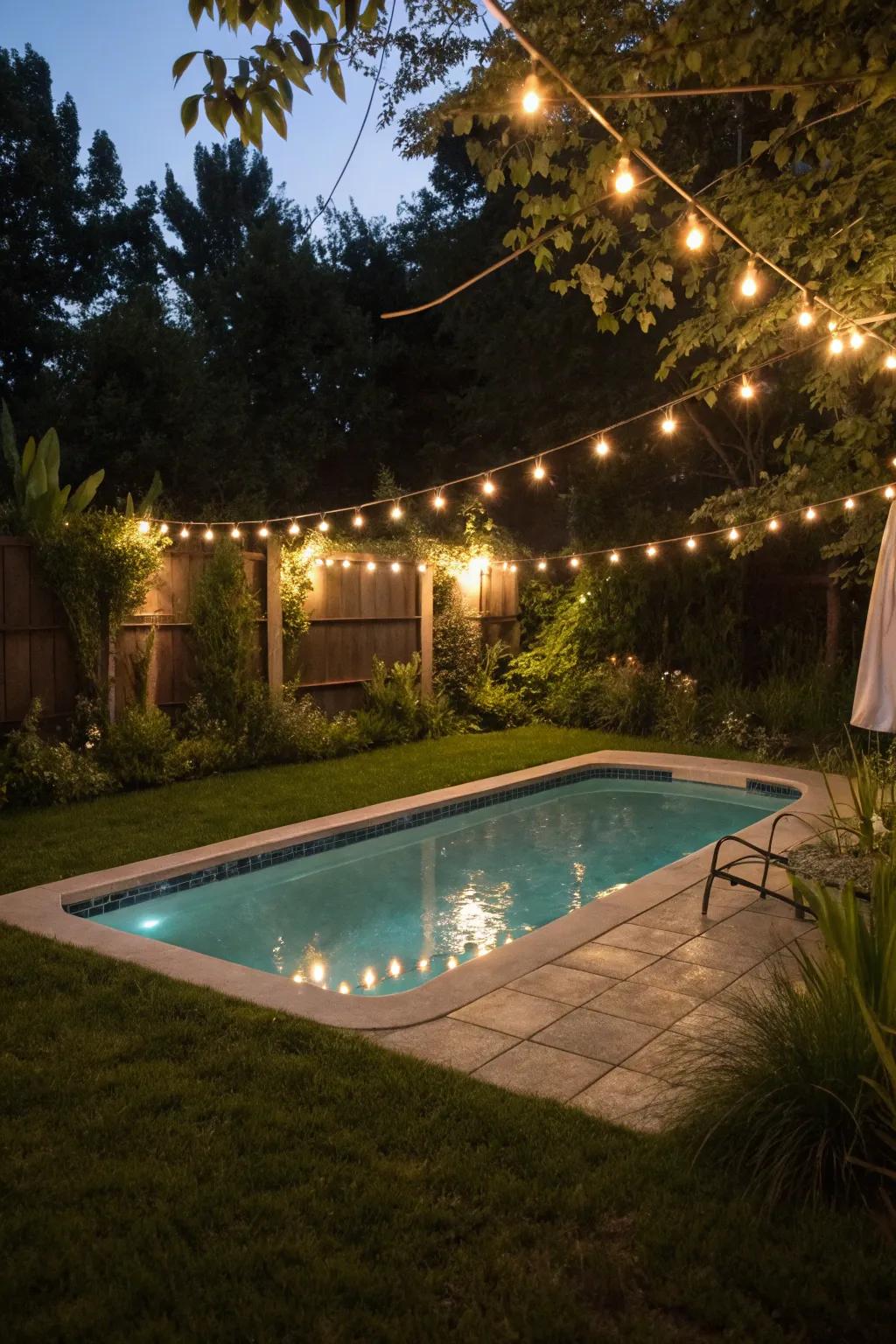A small pool beautifully illuminated by soft ambient lighting.