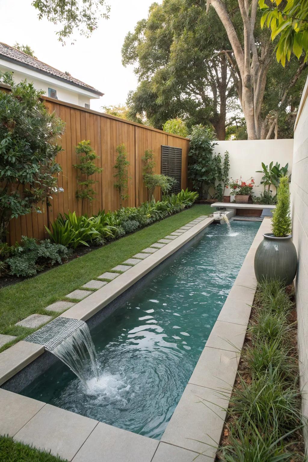 A narrow pool elegantly integrating into a slender backyard.
