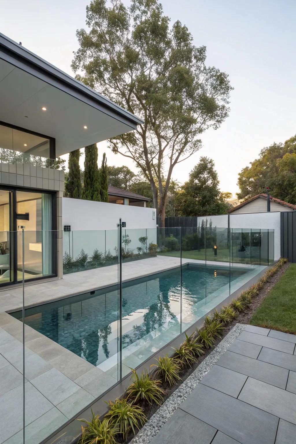 A small pool bordered by sleek glass panels for a modern touch.