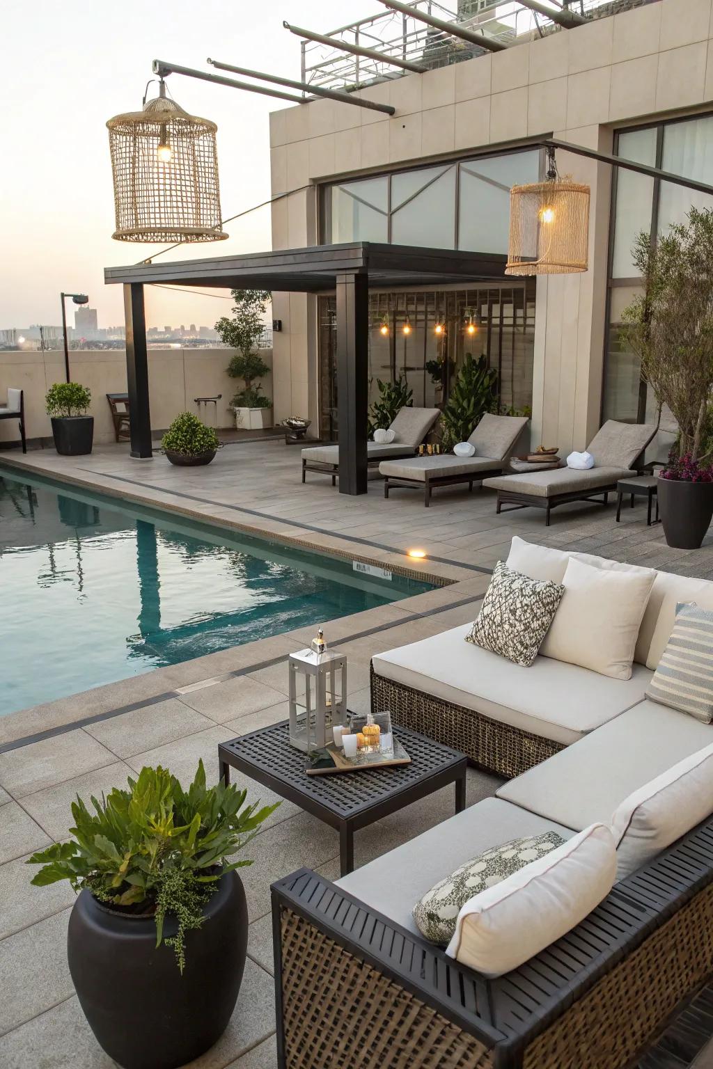 A small pool area featuring versatile and stylish furniture.