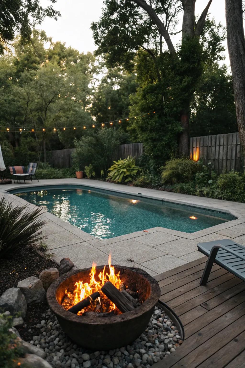 A small pool with a fire pit, perfect for evening gatherings.