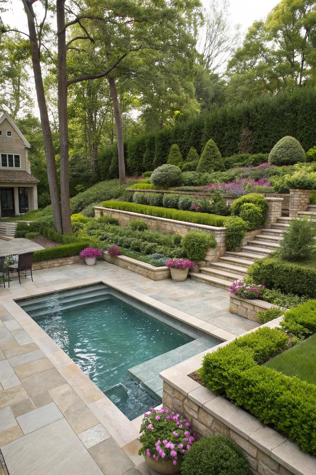 A small pool with terraced levels, enhancing the landscape.