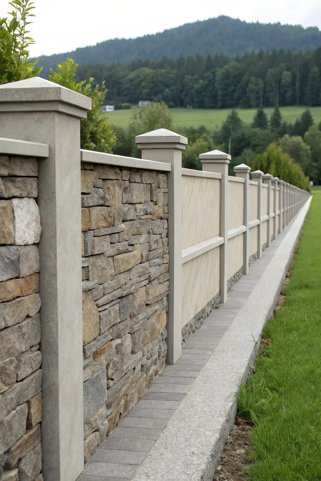 A rustic-modern fusion with concrete and stone.