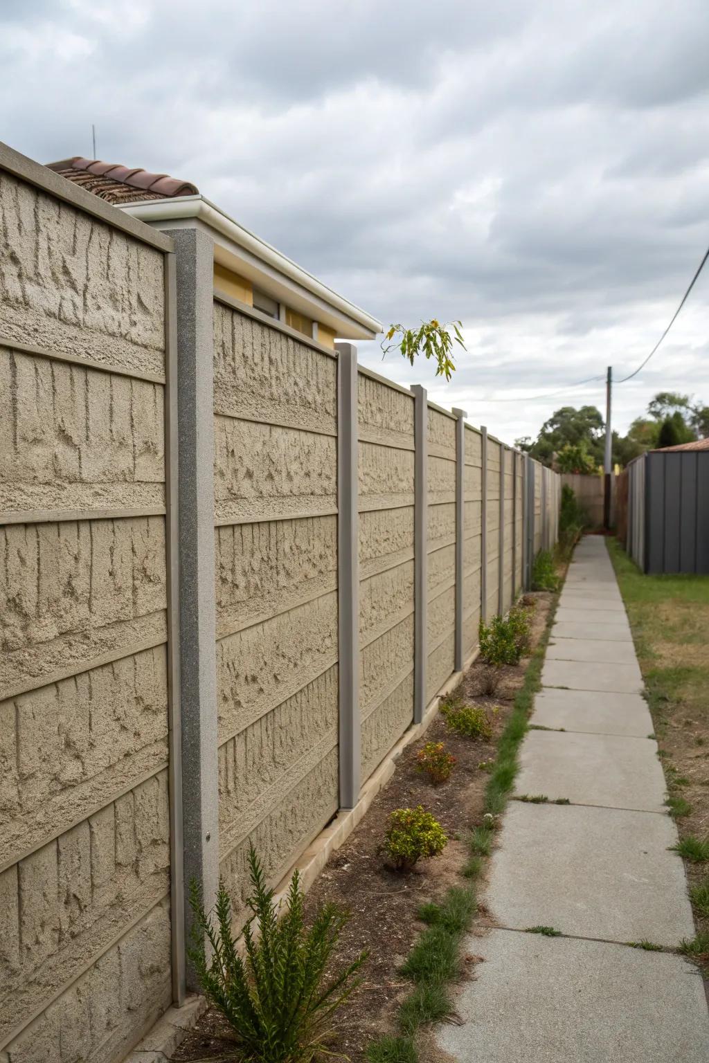 Textures that play with light and shadow on a concrete fence.