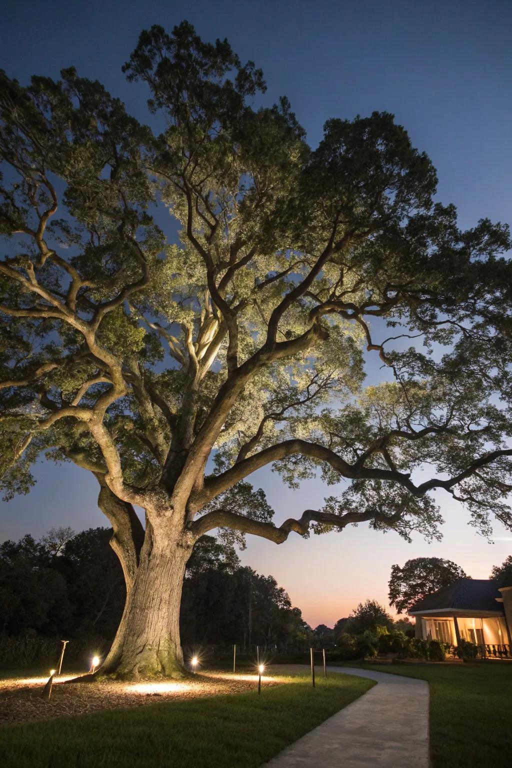 Dramatic tree illumination with uplighting.