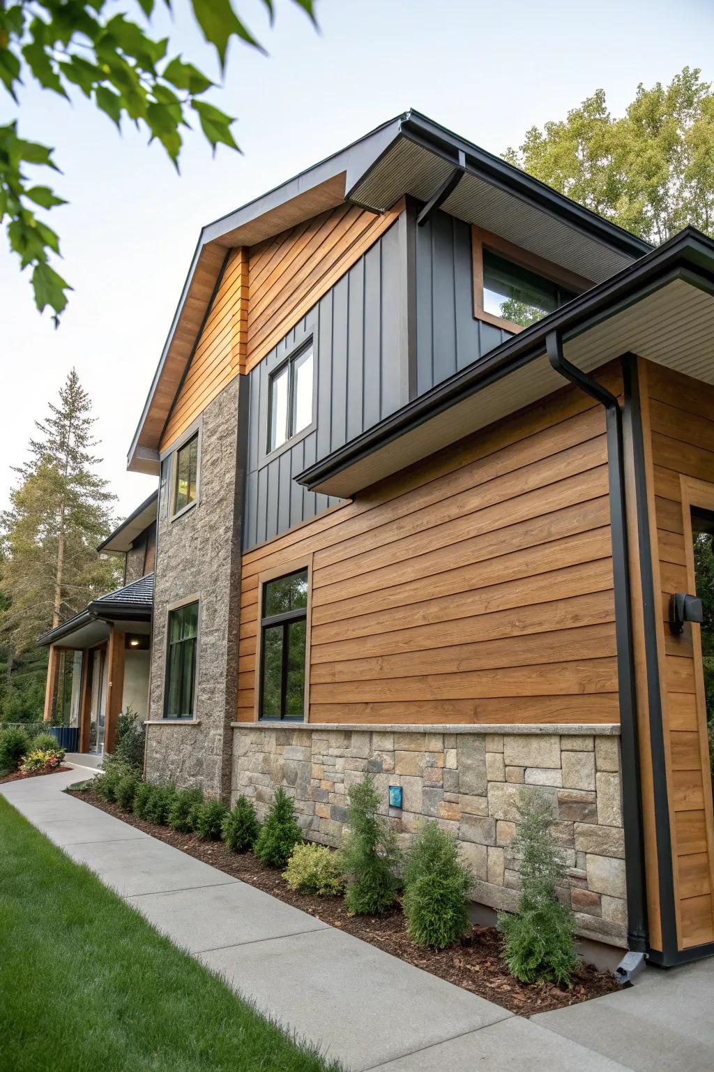 A home exterior beautifully combining wood and vinyl siding for a balanced aesthetic.