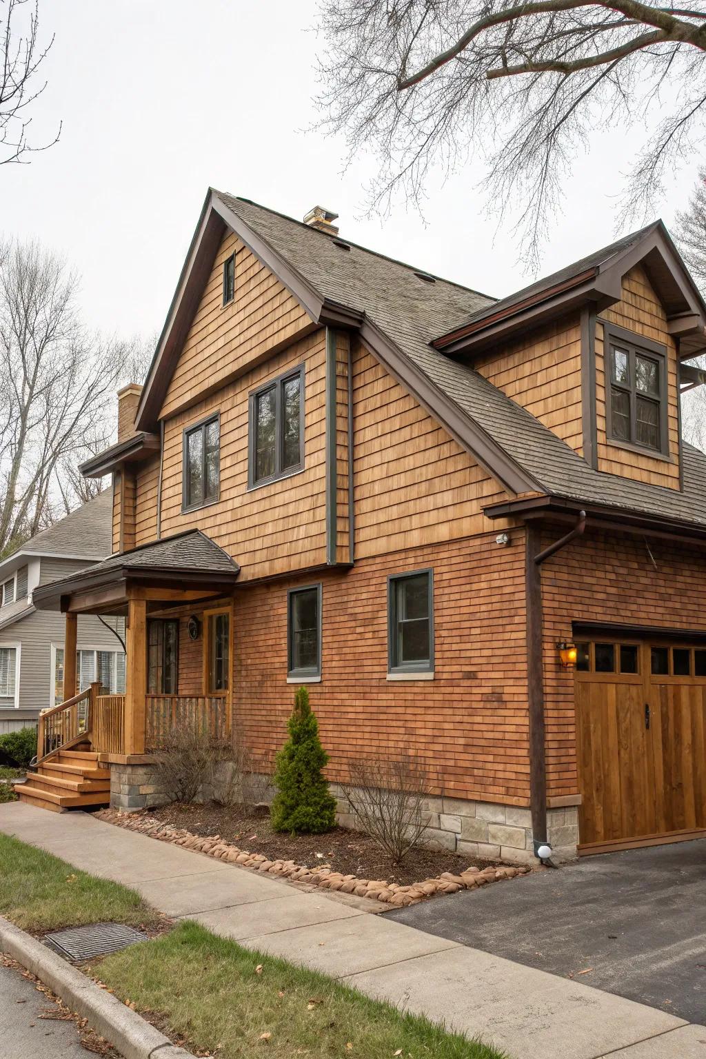 Wood and brick siding creating a warm and textured home exterior.