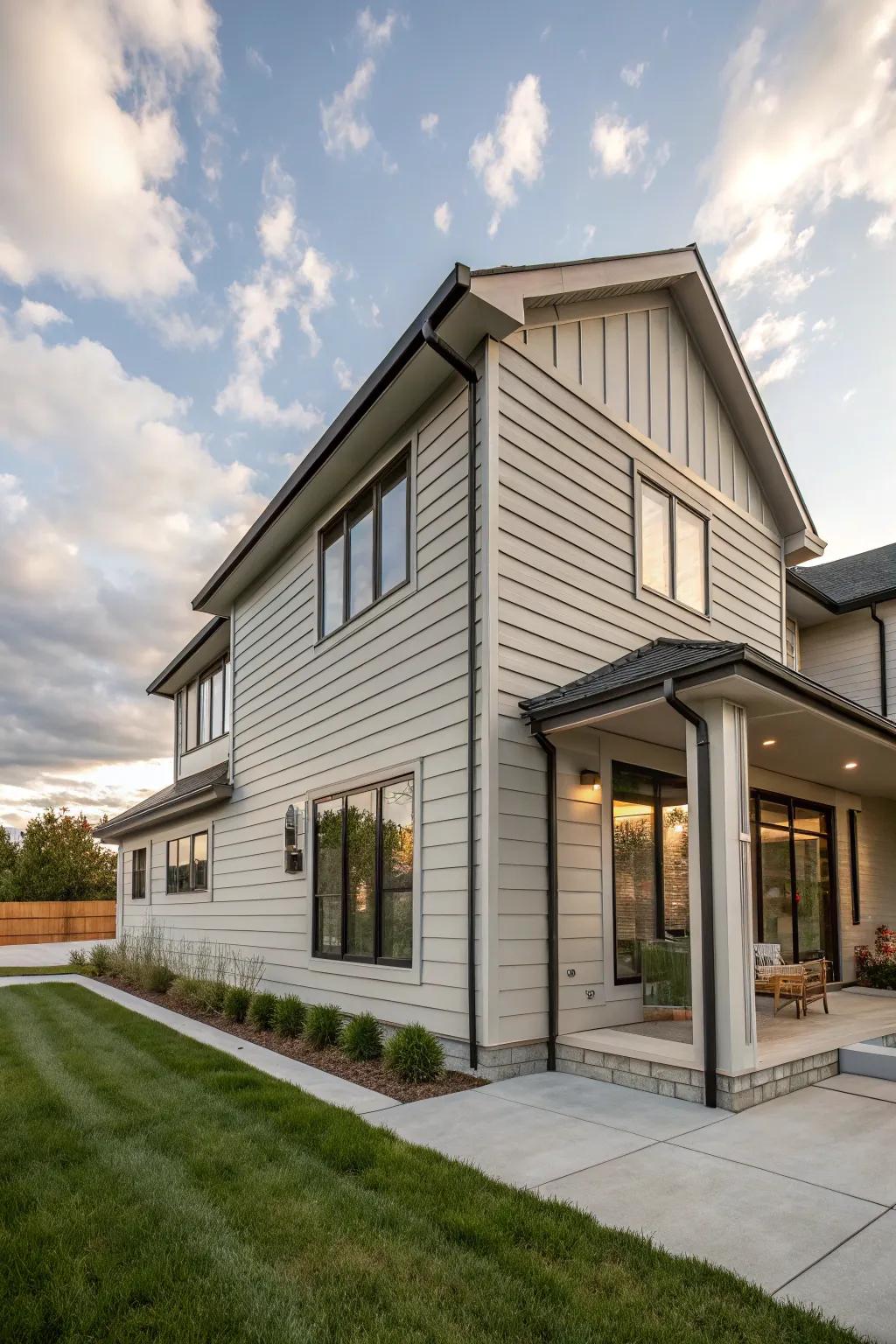Fiber cement siding adding depth and durability to a modern home exterior.