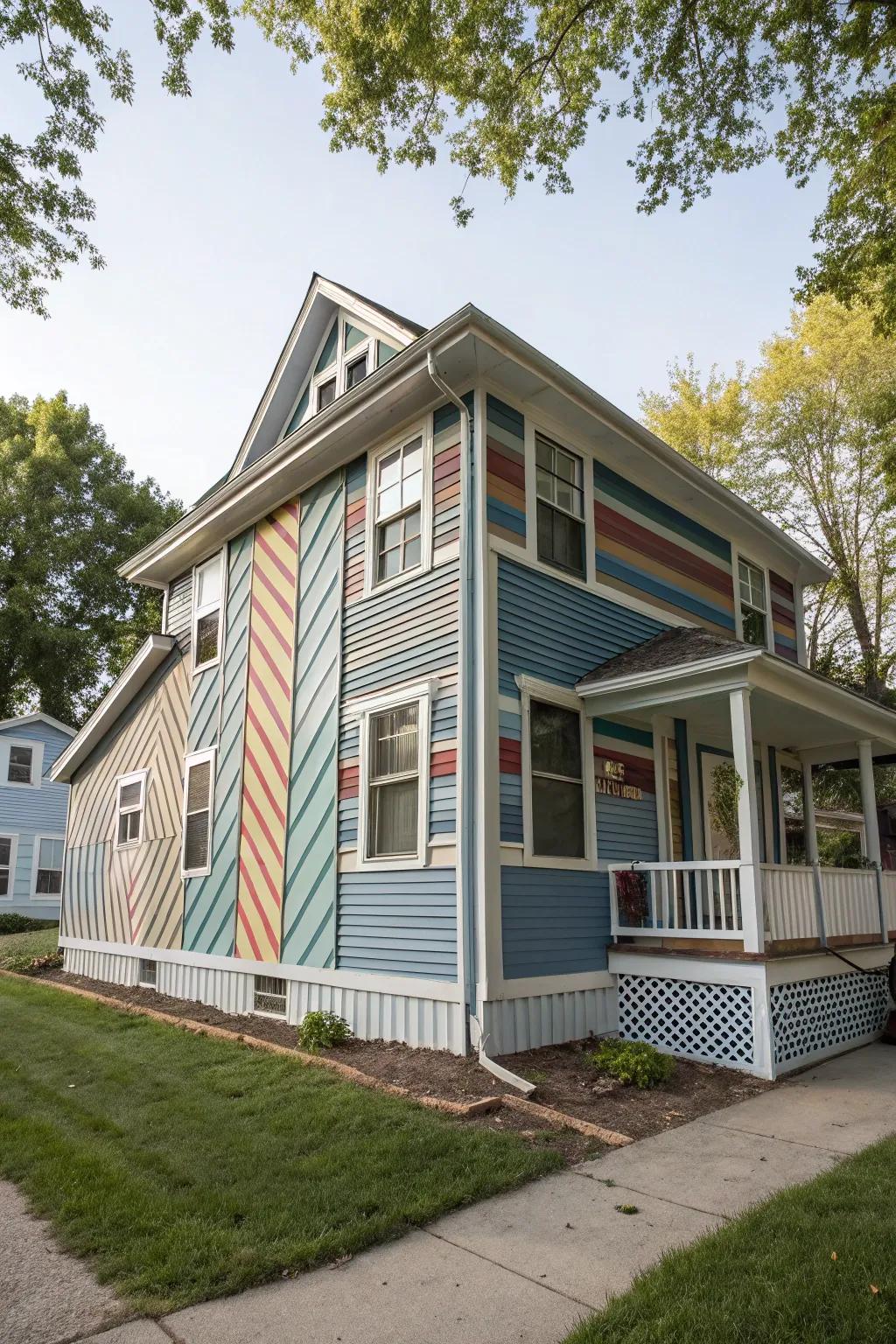 A home exterior using both horizontal and vertical siding patterns for added dimension.