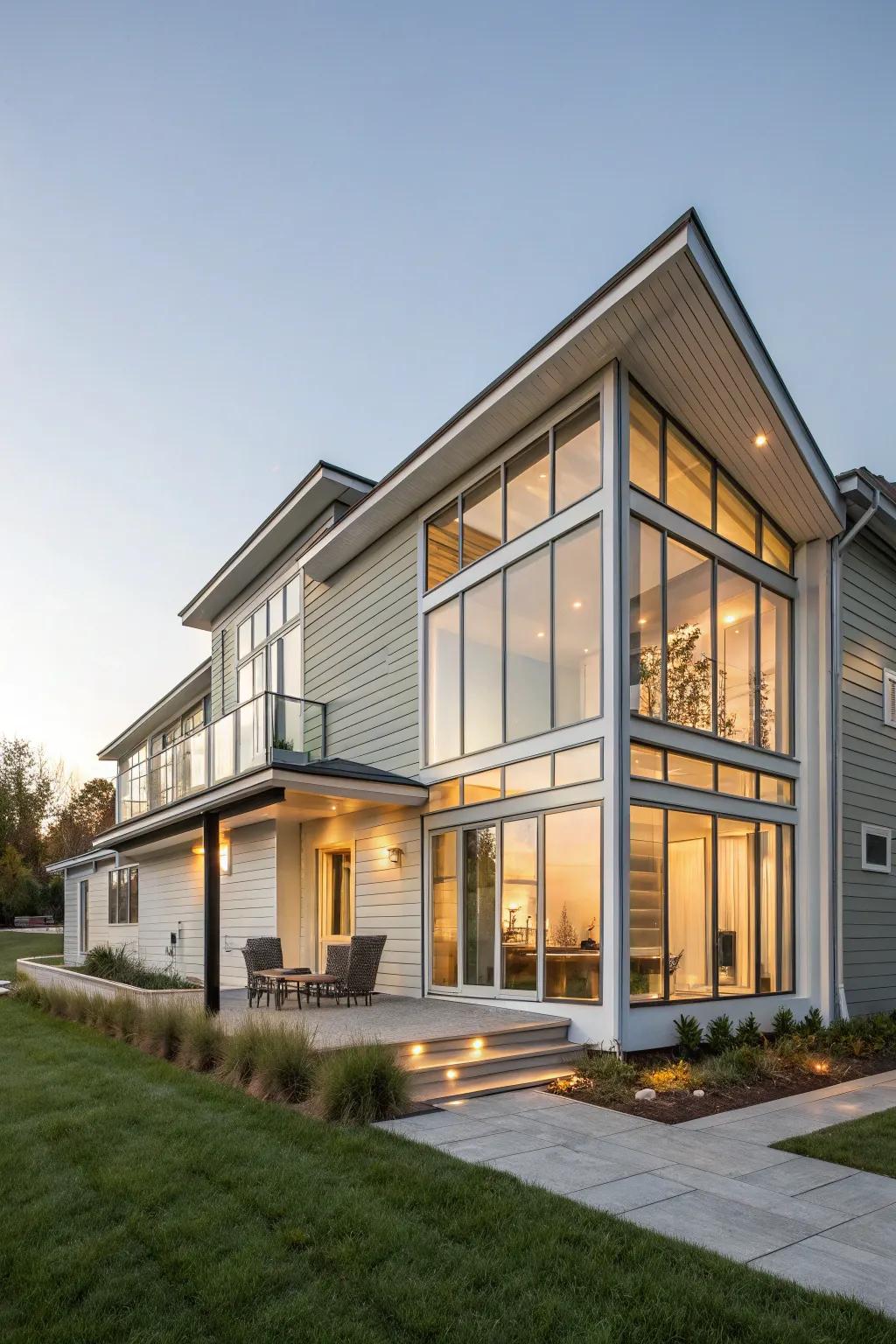 Glass panels and mixed siding creating a modern and airy home exterior.