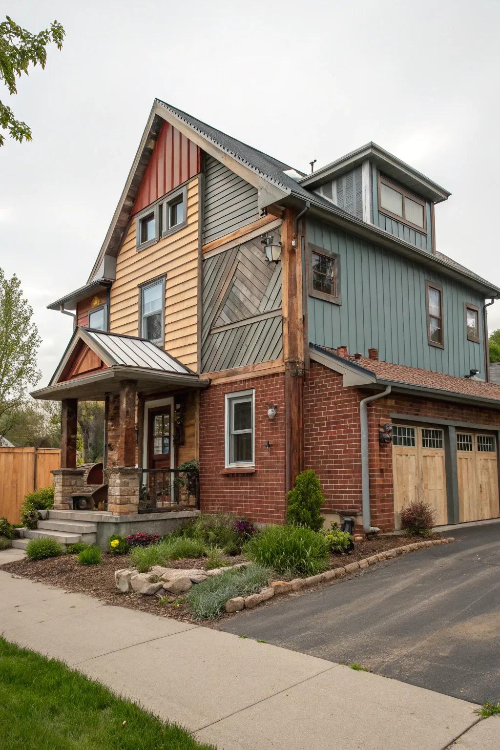 An eclectic mix of siding materials creating a unique and creative home exterior.