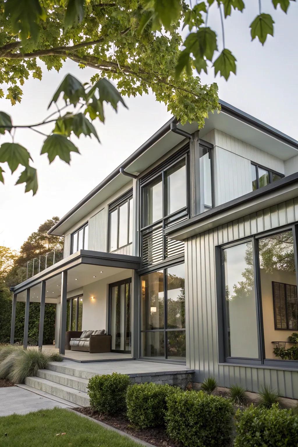 Metal accents adding a modern flair to a traditional home exterior.