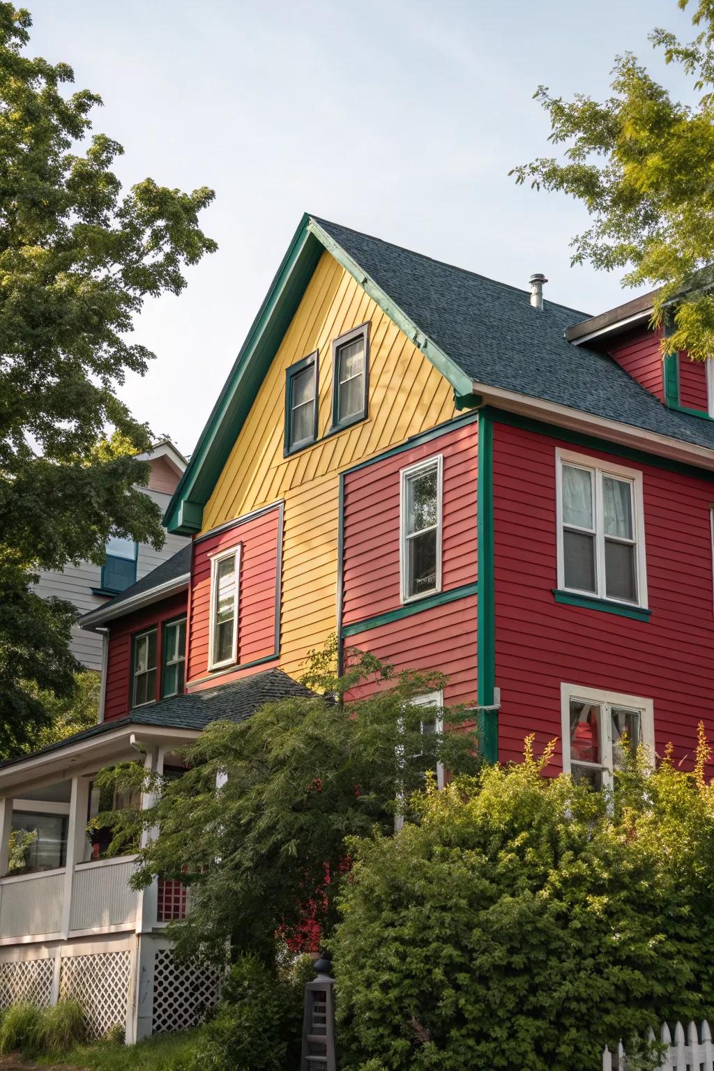 An exterior design featuring bold and contrasting siding colors for a vibrant look.