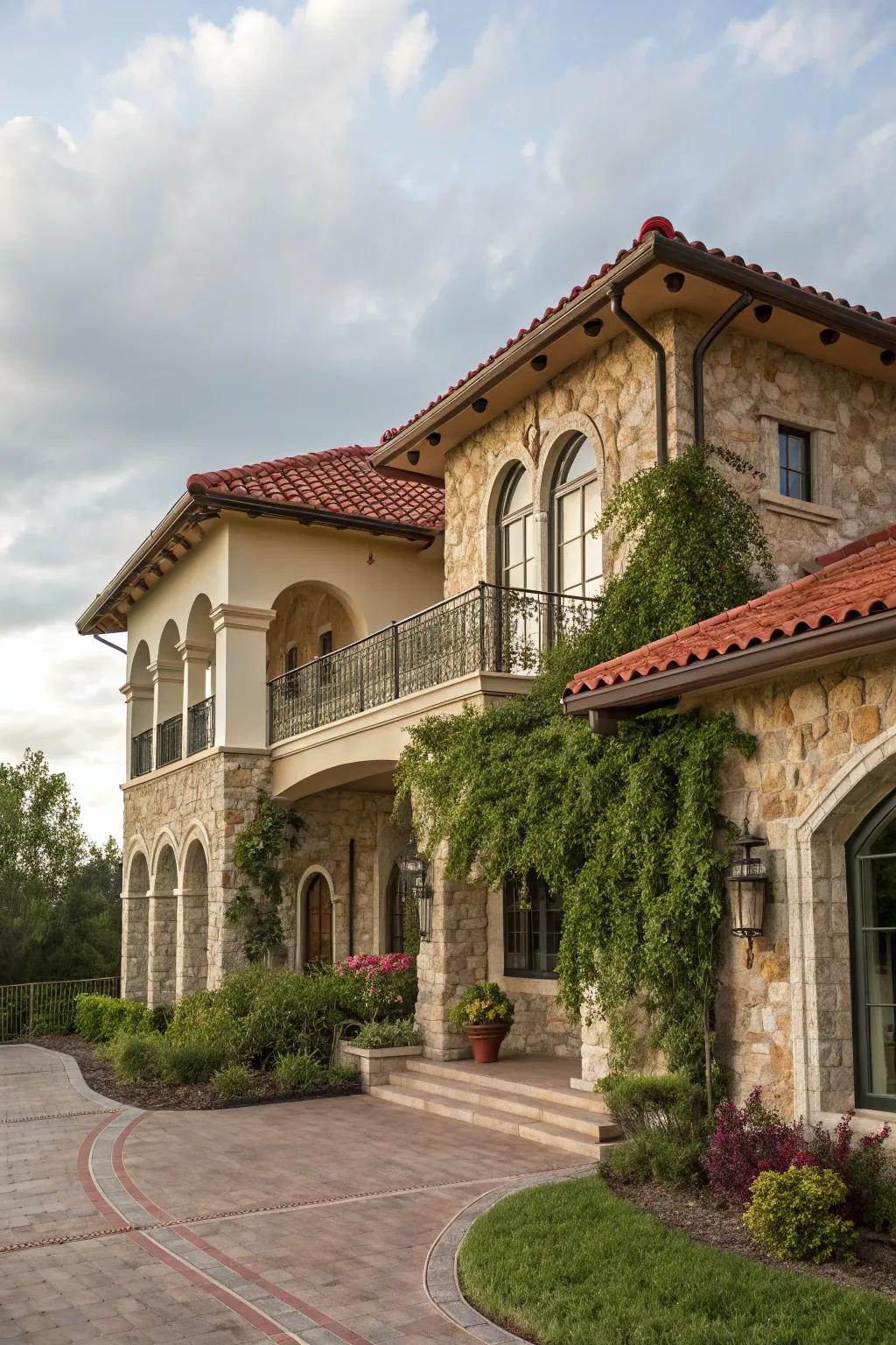 Stucco and stone siding creating a Mediterranean-inspired elegant exterior.