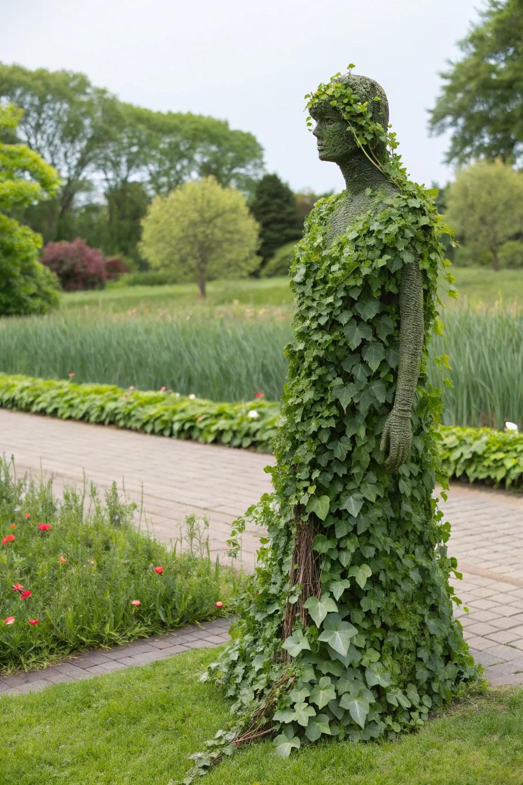 Ivy vines elegantly wrap around a garden mannequin.