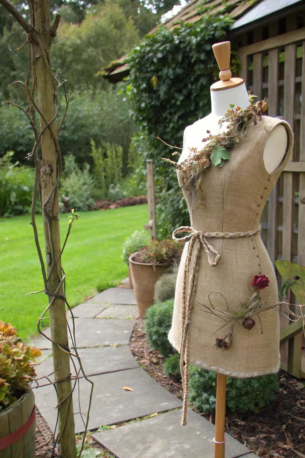 A mannequin exuding rustic charm in the garden.