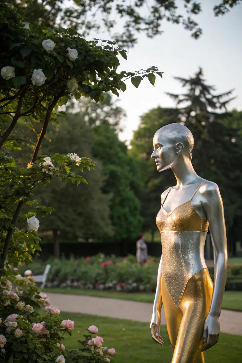 A mannequin transformed into a metallic garden sculpture.