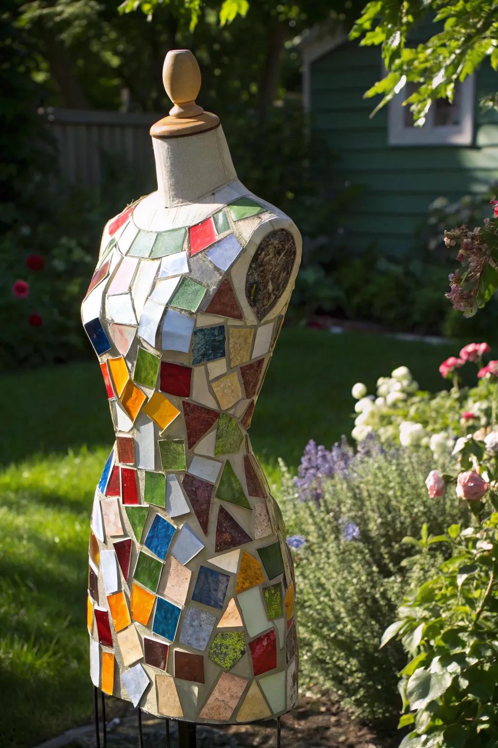 A mosaic-clad mannequin glistens in the sunlight.