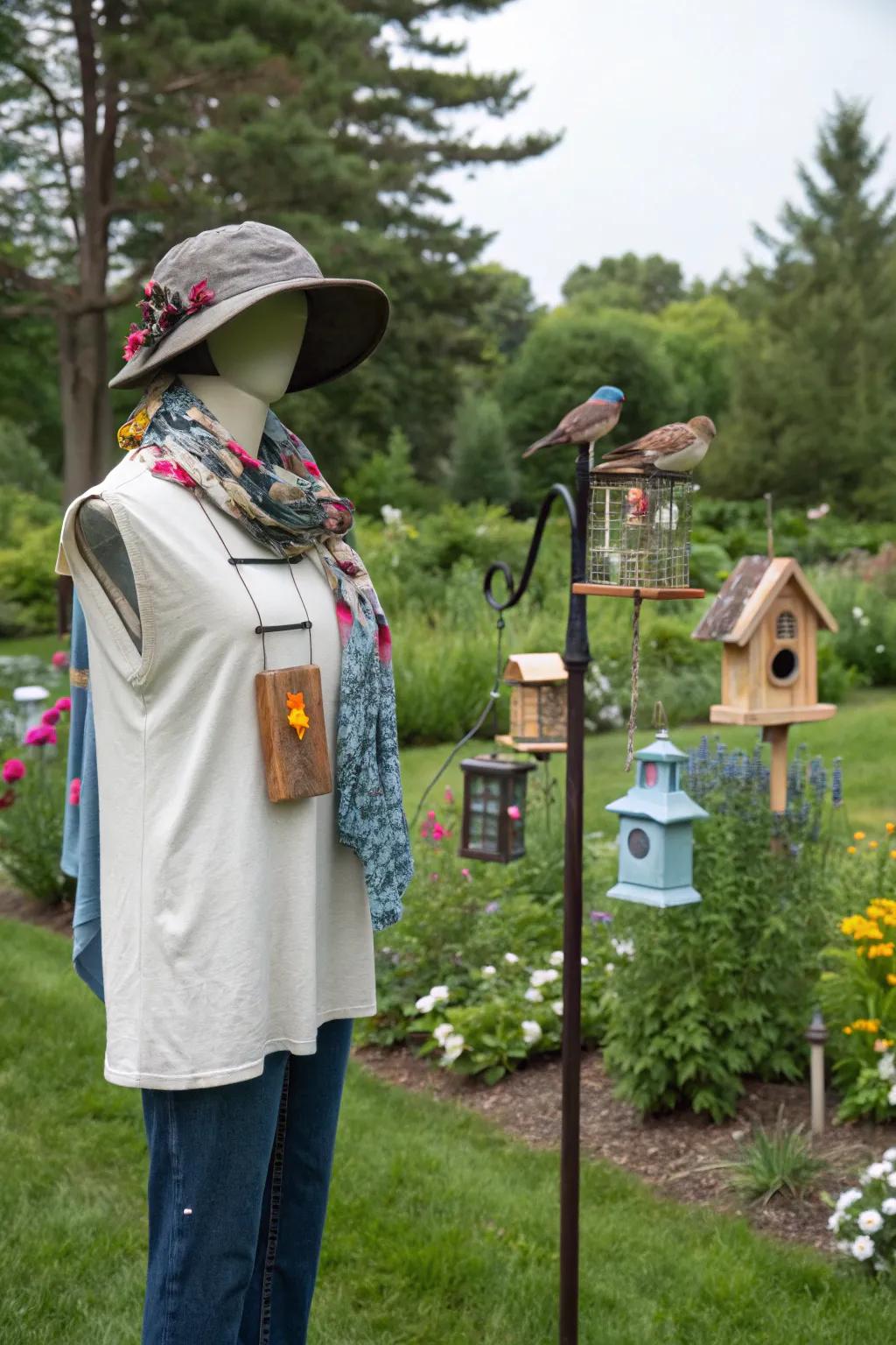 A mannequin that invites birds to your garden.
