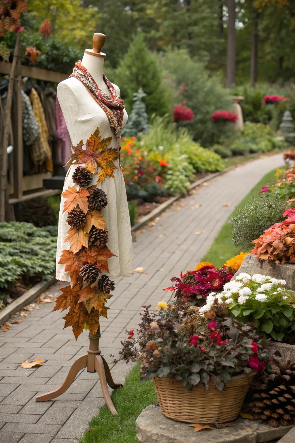A mannequin showcasing seasonal garden themes.