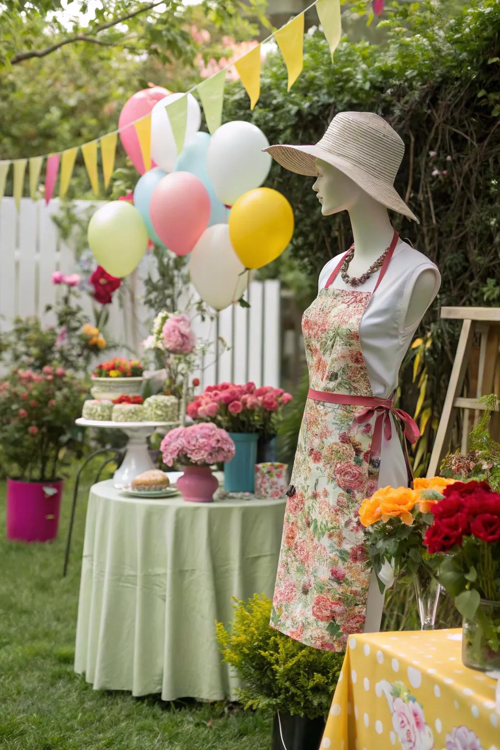 A mannequin dressed to impress at a garden party.