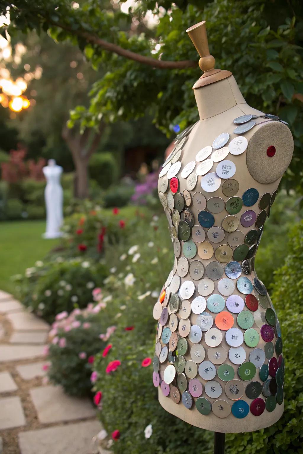 A mannequin decorated with creative recycled materials.
