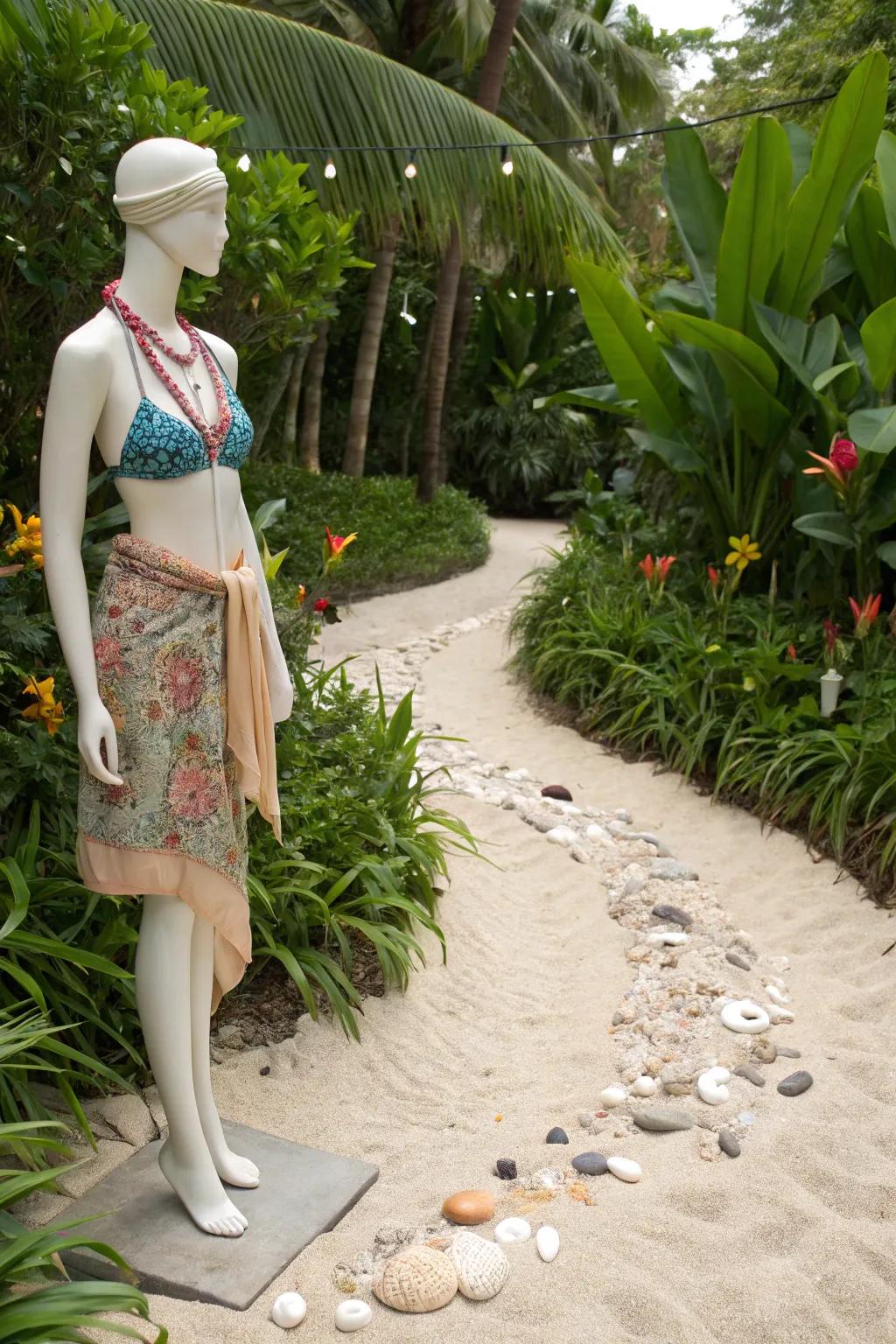 A mannequin exuding beachside charm in the garden.