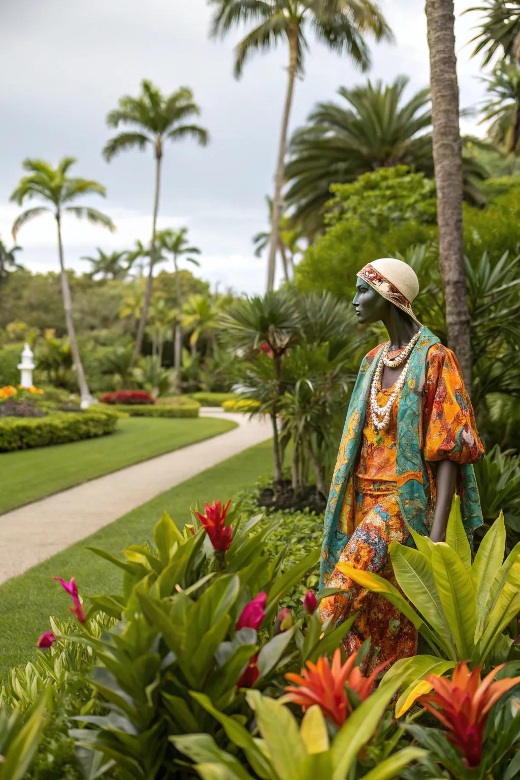 A mannequin bringing tropical paradise to your garden.