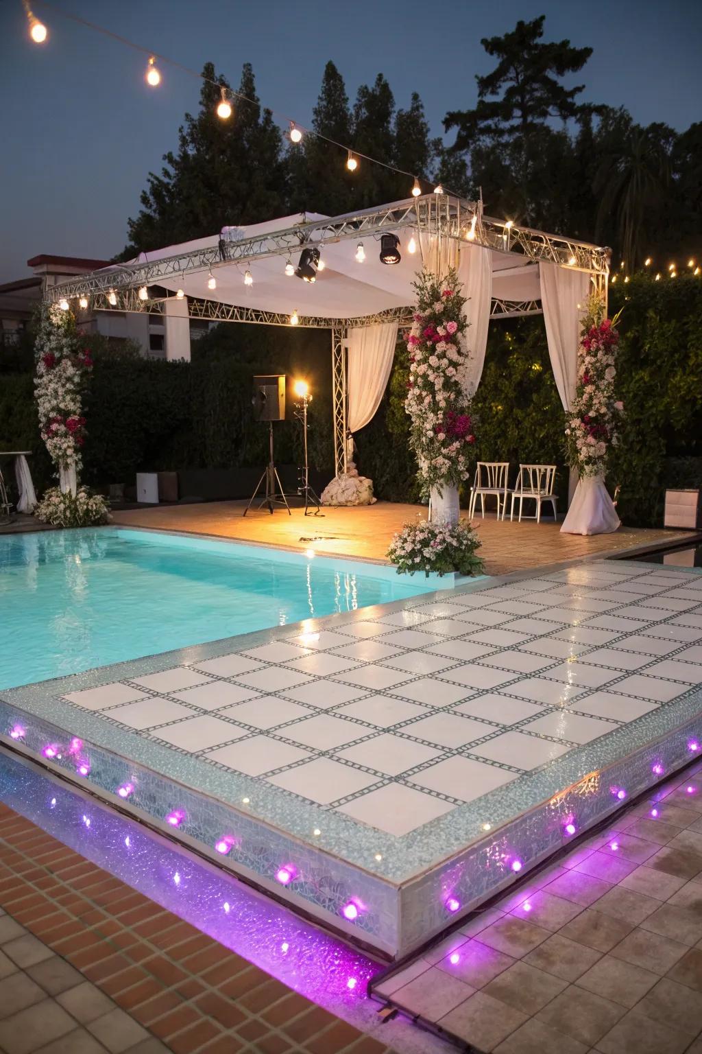 A pool transformed into a stylish dance floor.